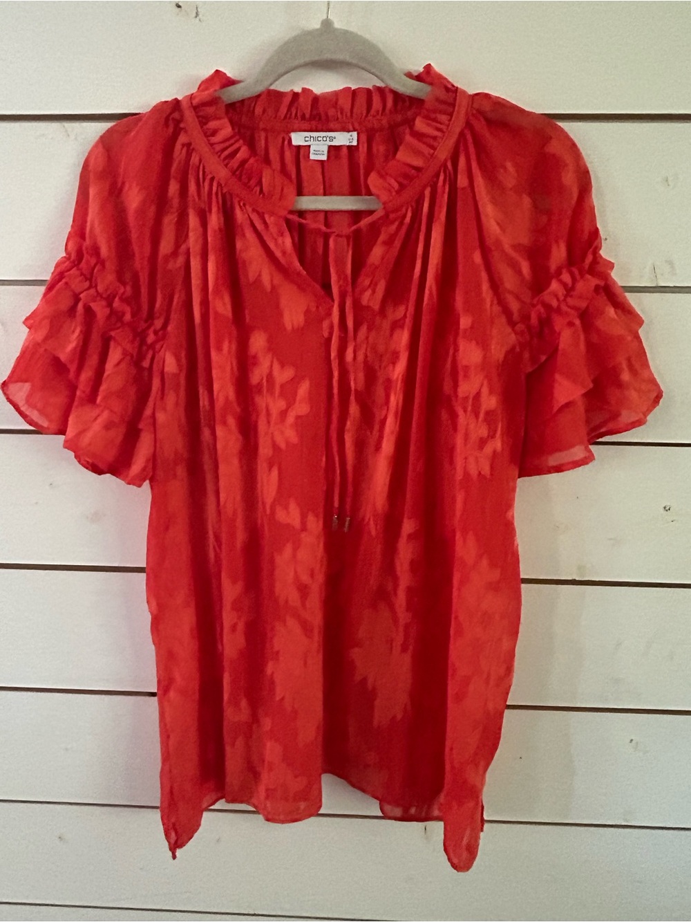 Chico's Bright Orange Ruffle-Sleeve Tie-Neck Sheer Shimmery Chiffon Top Sz 4